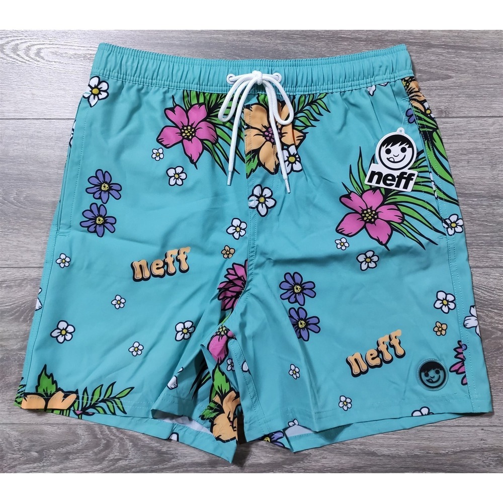 Neff Swim Trunks Adult Large Blue Hawaiian Swimwear Board Shorts Mens